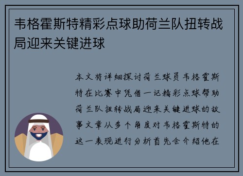 韦格霍斯特精彩点球助荷兰队扭转战局迎来关键进球